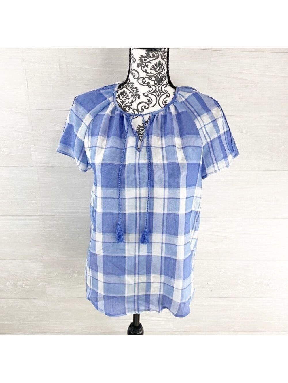 Como Vintage Blue Plaid Tie Collar Peasant Top
